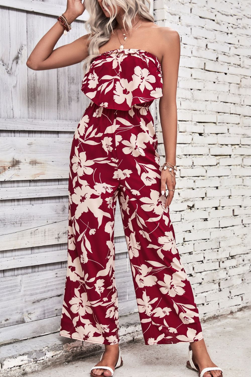 Strapless sales floral jumpsuit